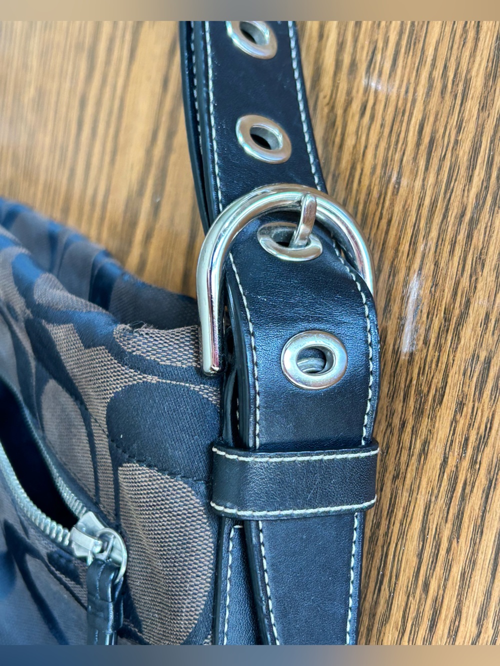 Coach Dark Brown Canvas Black  Leather Strap Signature Shoulder Bag F-15067 - Picture 12 of 16